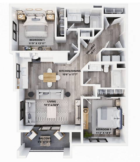 Floor plan for 2 beds, 2 baths, 1090 sqft